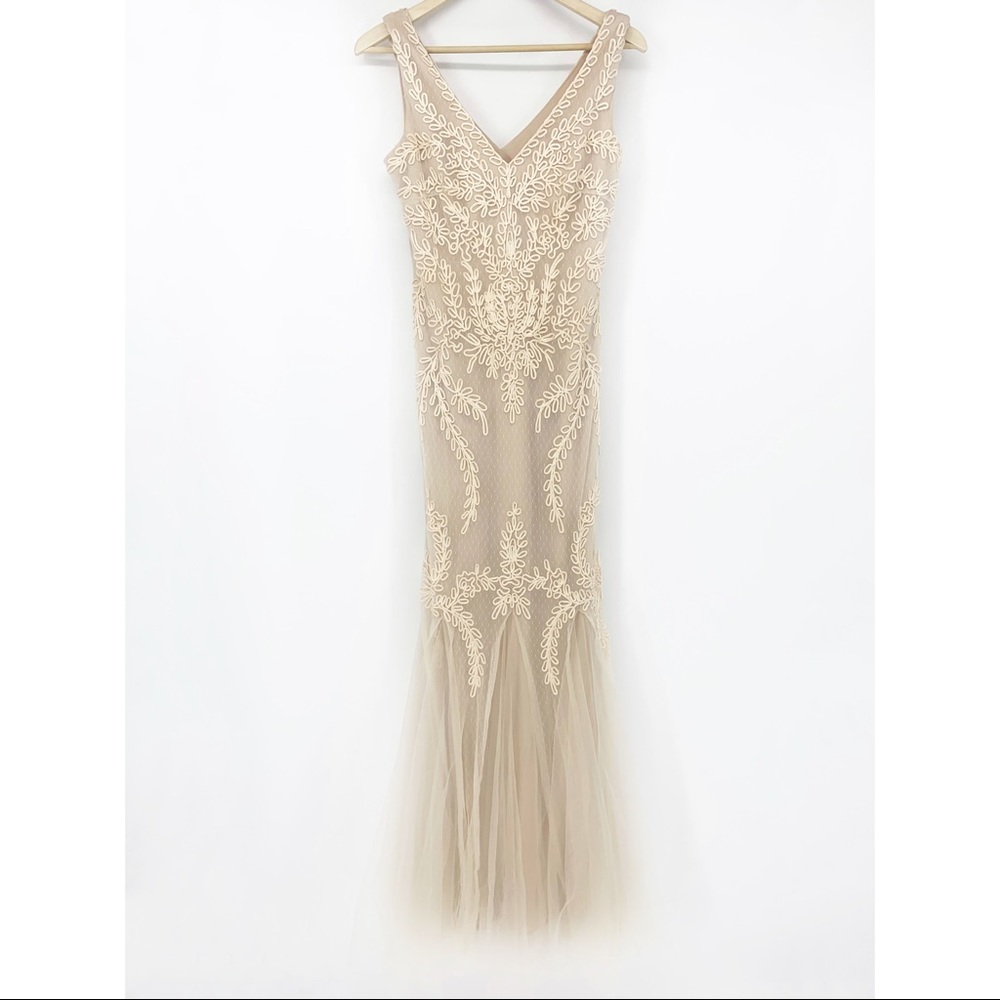 Cachet Tan Tule & Lace Embroidered Evening Dress